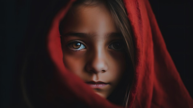 A girl with a red blanket on her head looks at the camera.