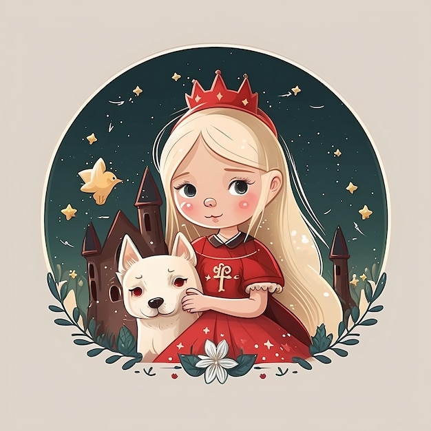 A girl with a red crown and a white dog is hugging a castle.