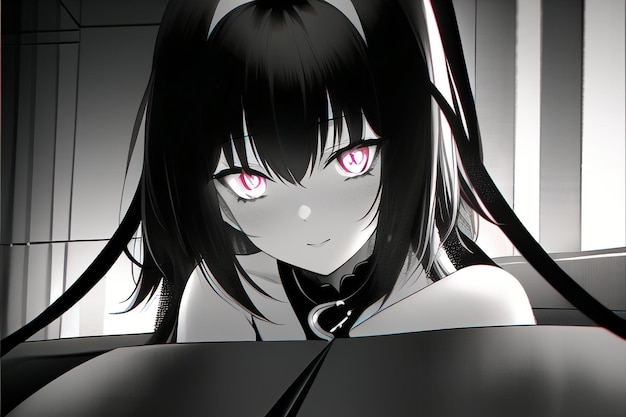 A girl with red eyes and a black hair with a white face and red eyes.