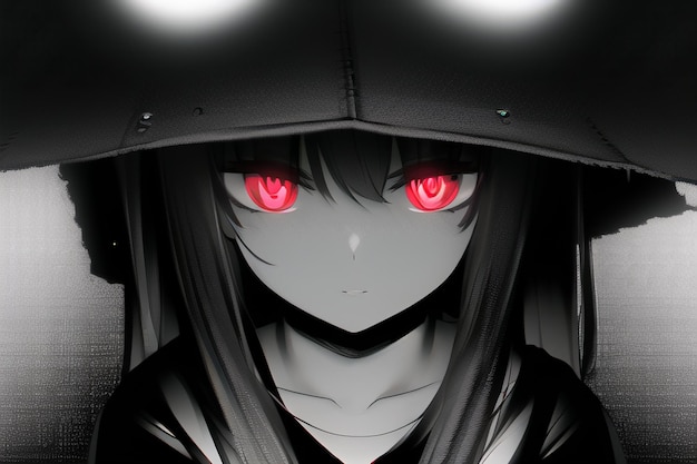 A girl with red eyes and a hoodie that says " i love anime ".