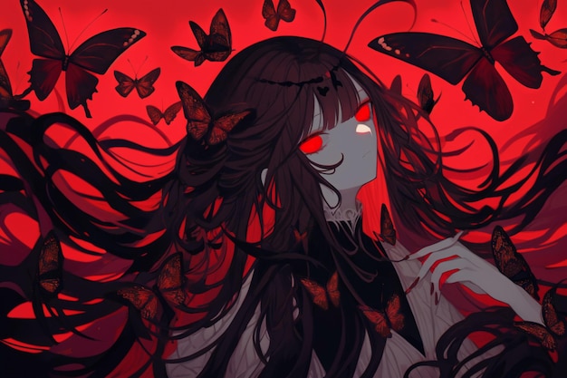 Girl with red eyes surrounded by butterflies generative ai