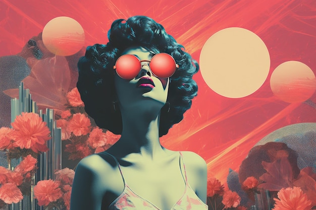 Девушка с красными очками на фоне цветов и абстрактного неба