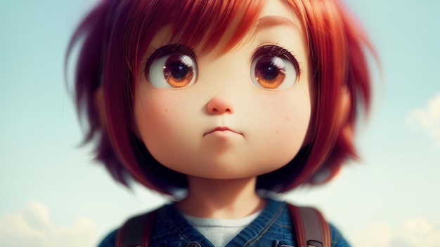 A girl with red hair and big eyes stands in front of a white background.