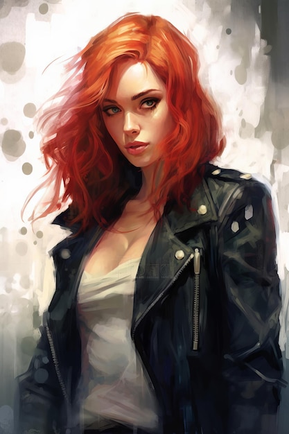 赤い髪と黒い革のジャケットの女の子
