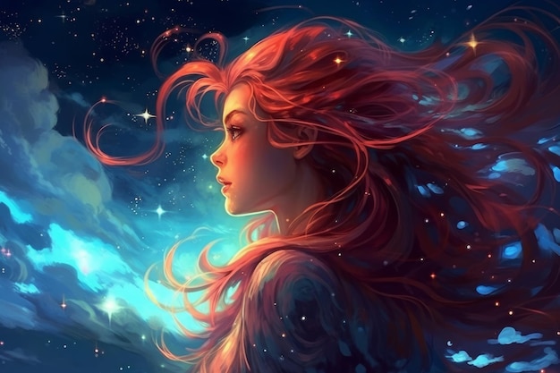 A girl with red hair and a blue background with stars.