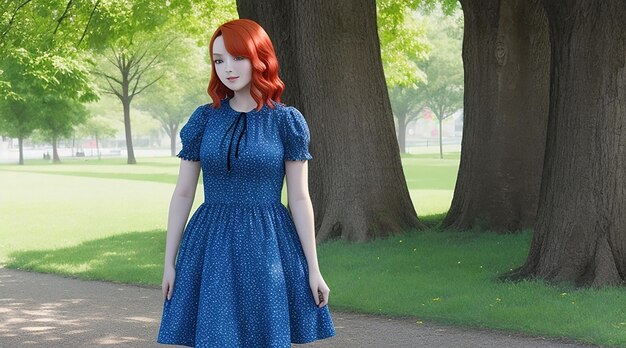 A girl with red hair and a blue dress is standing in a park