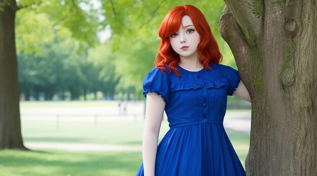 A girl with red hair and a blue dress is standing in a park