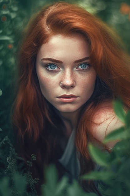 A girl with red hair and blue eyes looks at the camera