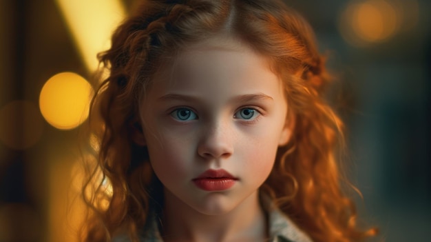 A girl with red hair and blue eyes looks at the camera.