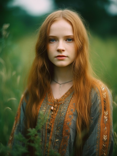 A girl with red hair and blue eyes stands in a field of green grass.