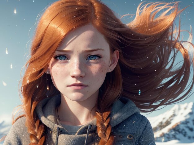 A girl with red hair and blue eyes stands in the snow.