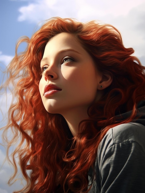Foto una ragazza con i capelli rossi e uno sfondo di cielo blu