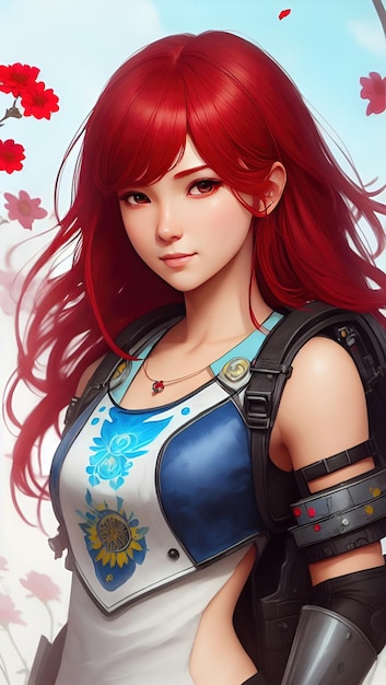A girl with red hair and a blue and white top