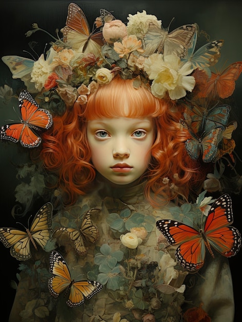 a girl with red hair and a butterfly in her hair