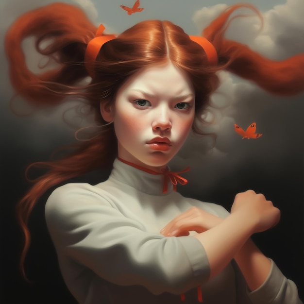 A girl with red hair and a butterfly in her hair