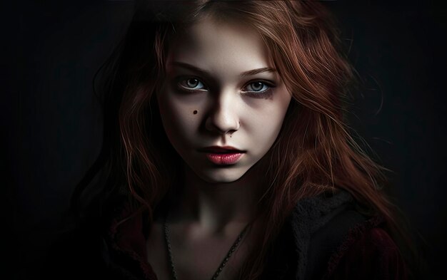 a girl with red hair and a dark background with a dark background.