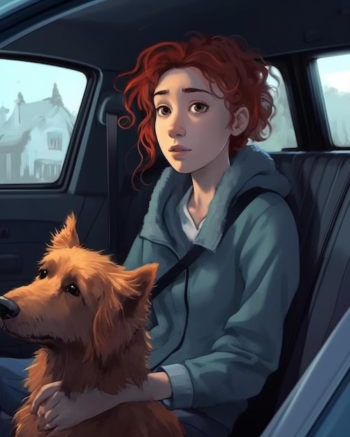 A girl with red hair and a dog in a car