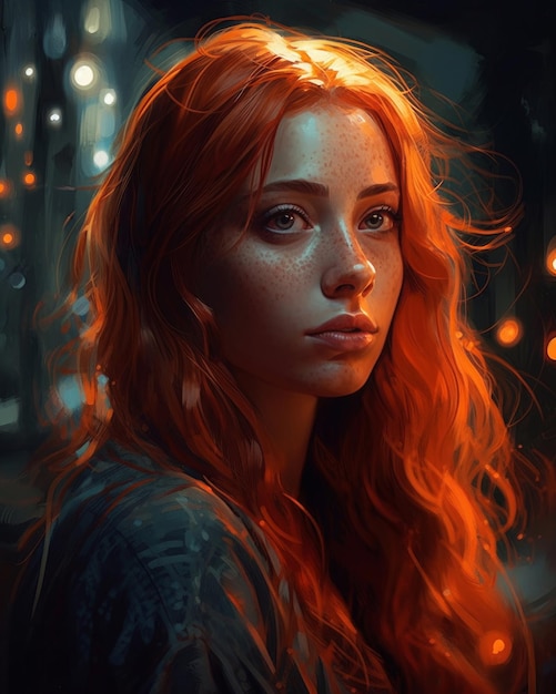 Premium AI Image | A girl with red hair and freckles looks at the camera.