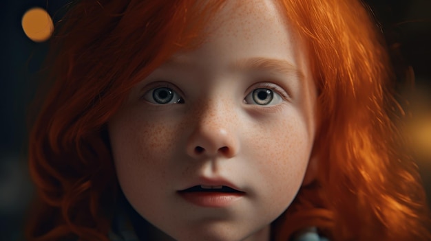 A girl with red hair and freckles looks into the camera.