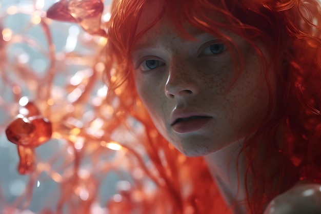 A girl with red hair and freckles in a window