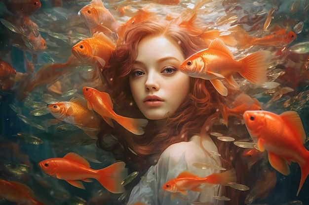 A girl with red hair and goldfish