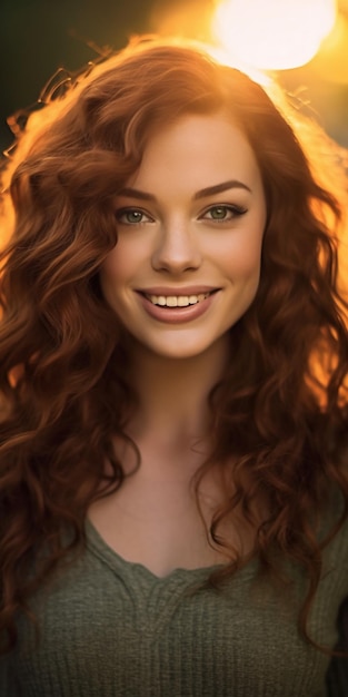 A girl with red hair and green eyes smiles in front of a yellow background.