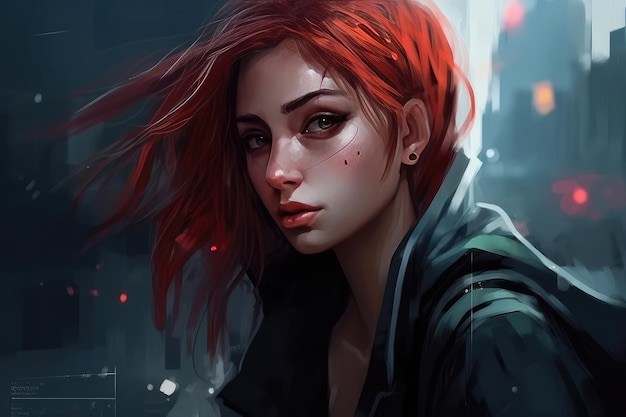 A girl with red hair and a hoodie stands in a dark city.