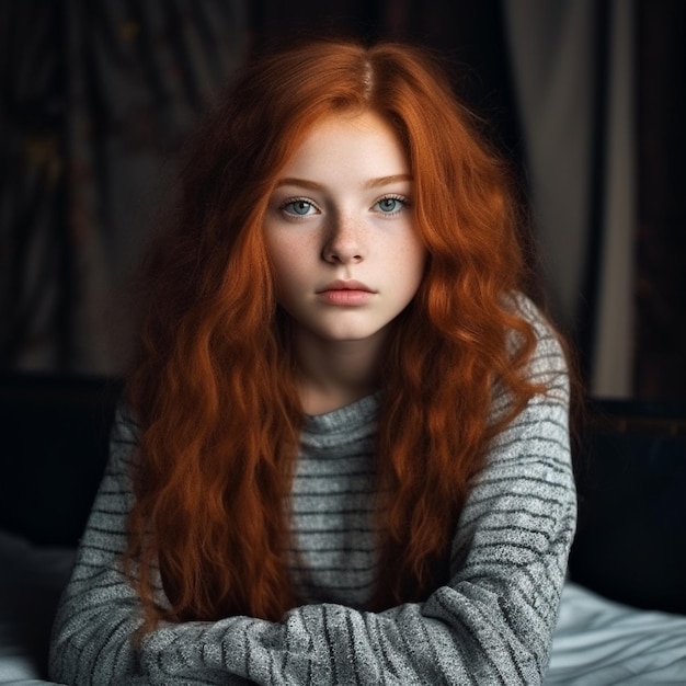 a girl with red hair is sitting on a bed.