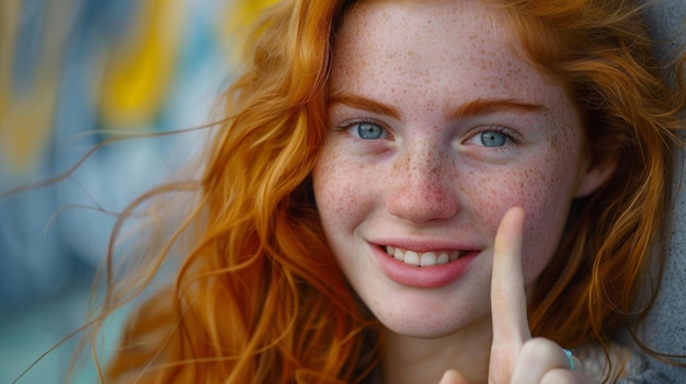 Photo a girl with red hair is smiling and has a finger pointing to her right