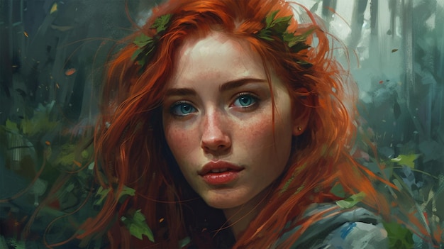 A girl with red hair and leaves on her head