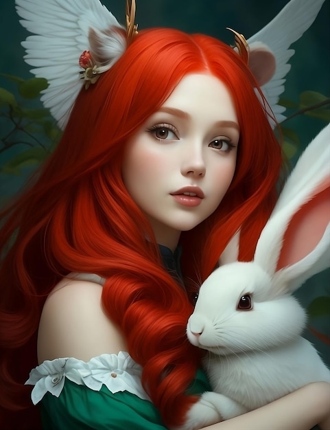 A girl with red hair and a rabbit in her arms