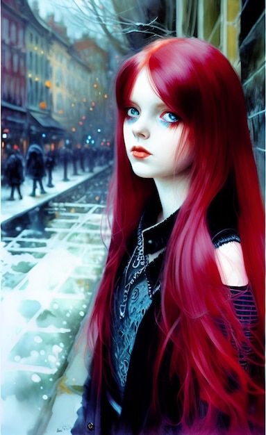 Girl with red hair in the rain