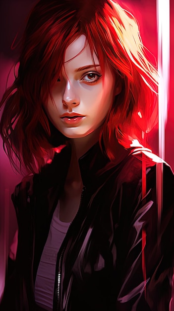 a girl with red hair and a red light