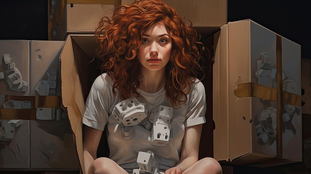 a girl with red hair sits in a box with a card board game in the middle.