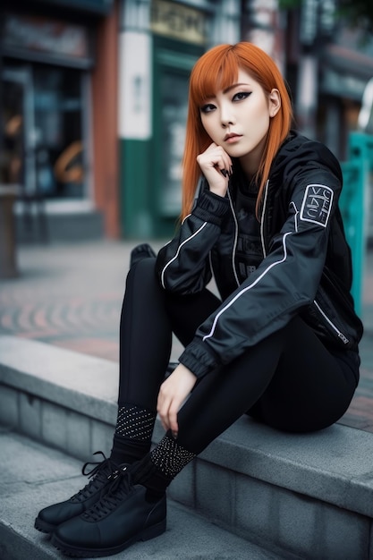 A girl with red hair sits on a step in front of a storefront.