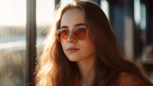 A girl with red hair and sunglasses stands in a sunlit area.