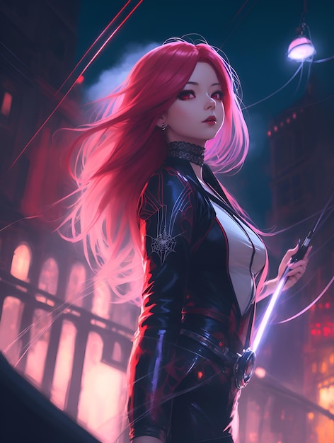 A girl with red hair and a sword in her hand