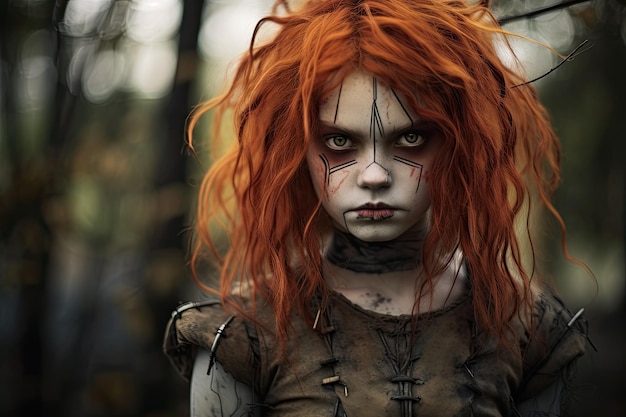 A girl with red hair and white face paint