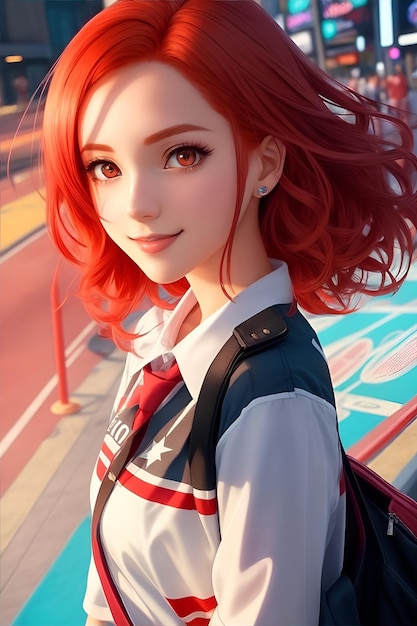 A girl with red hair and a white shirt has a blue and white shirt that says " red ".