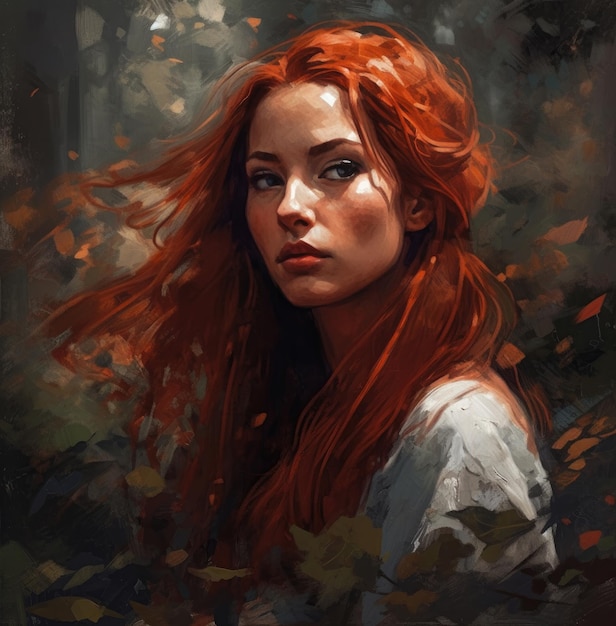 빨간 머리에 흰 셔츠를 입은 소녀가 숲 속에 서 있습니다.