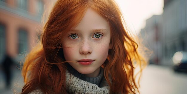 a girl with red hair who is making a stop sign in the style of distinct facial features