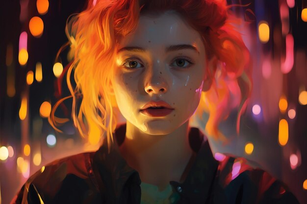 A girl with a red hair and a yellow light behind her face.