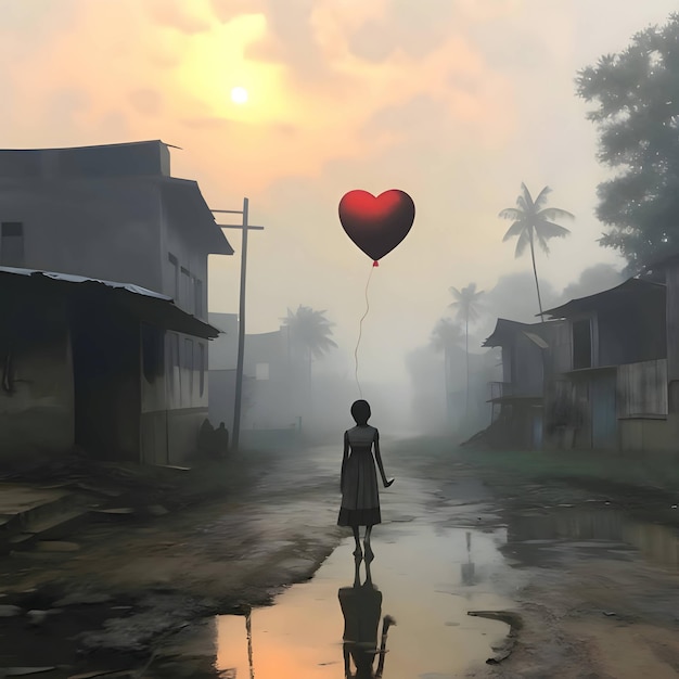 A girl with a red heart balloon in a abandoned city