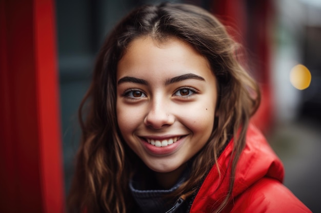 A girl with a red jacket smiles for the camera.