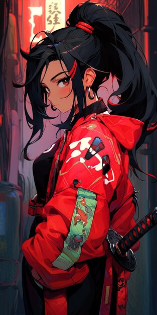 A girl with a red jacket that says anime on it
