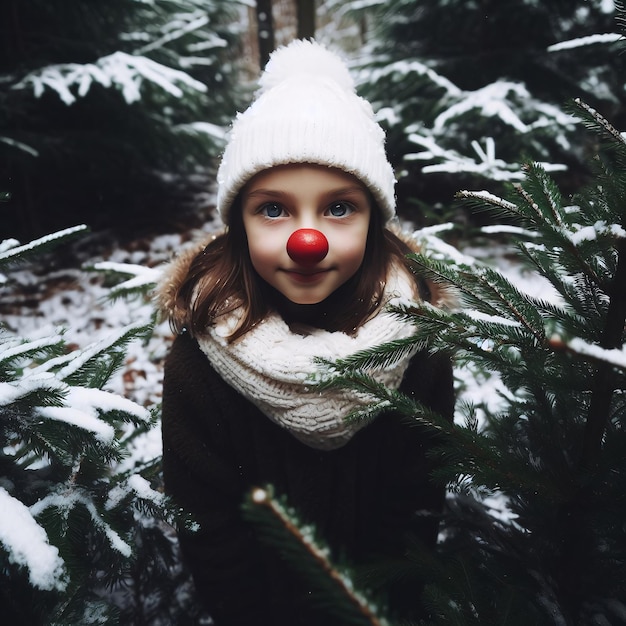赤い鼻とクリスマス ツリーを持つ少女