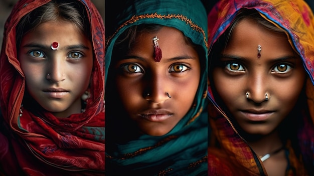 A girl with a red scarf and a red headband is shown with the eyes looking at the camera.