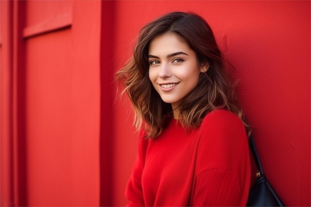 a girl with a red shirt and a black bag