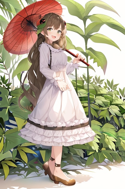 A girl with a red umbrella is standing in the garden.