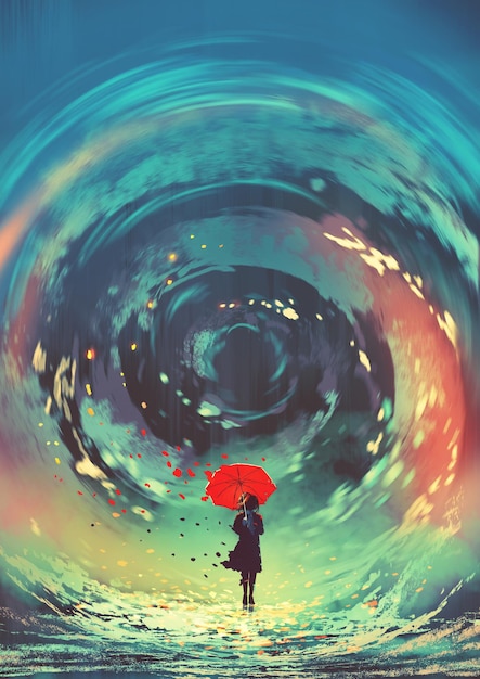 girl with red umbrella makes a swirling water in the sky, digital art style, illustration painting